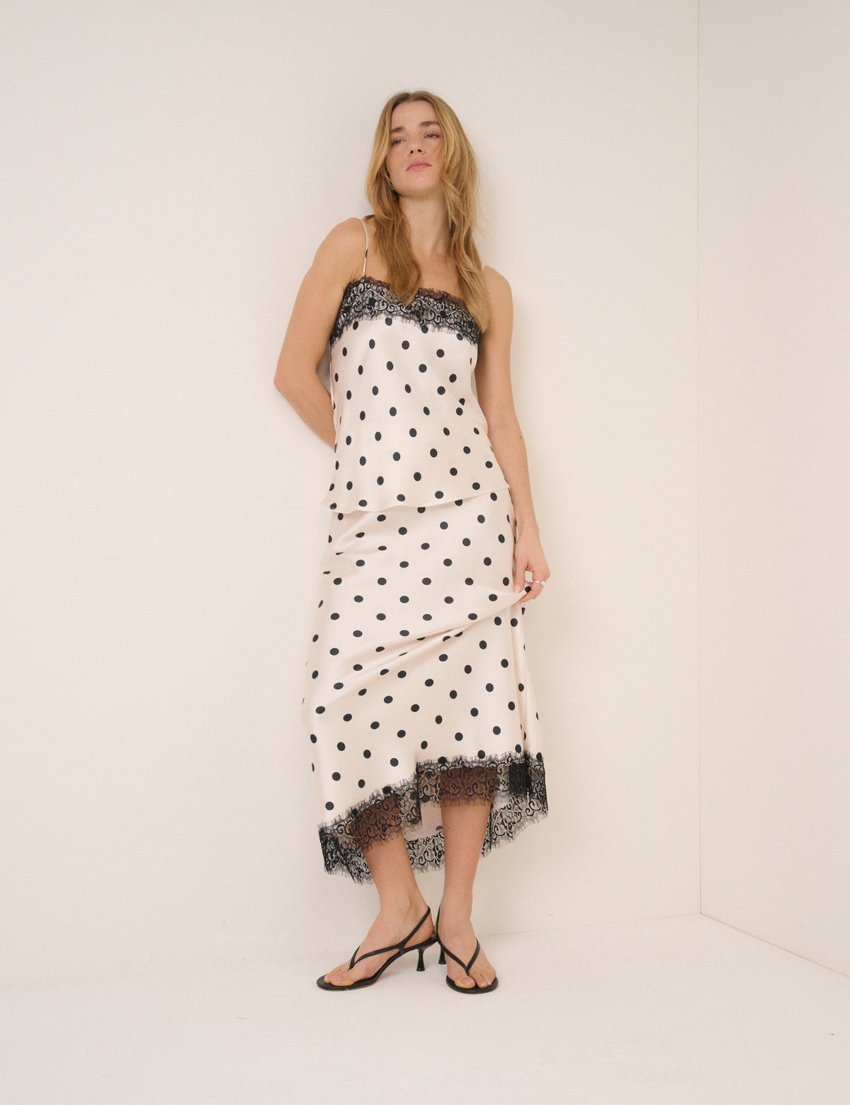 White Polka Dot Satin Lace Cami Top
