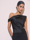 Black Asymmetric Pleated Satin Top