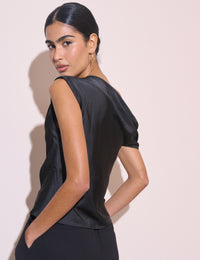 Black Asymmetric Pleated Satin Top