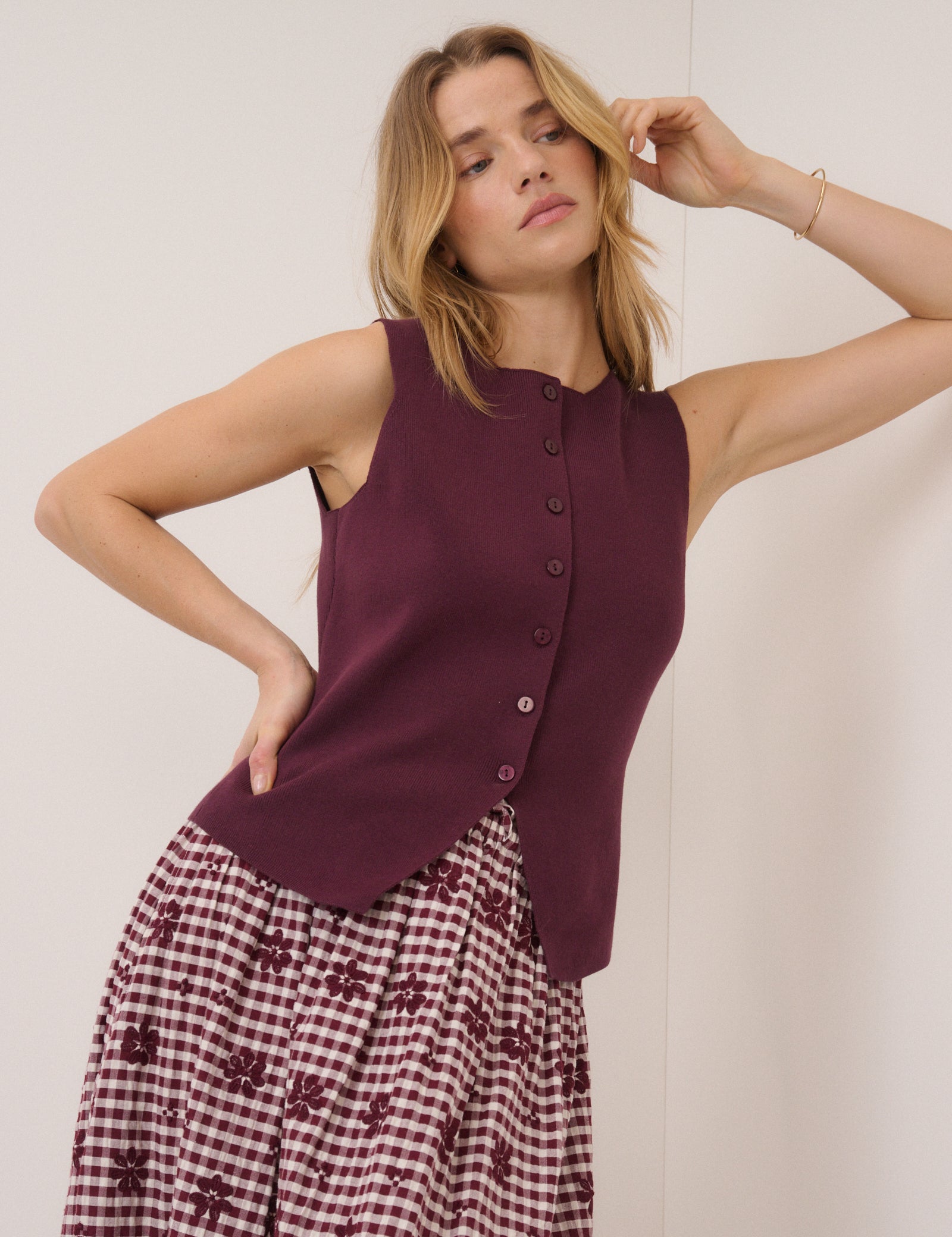 Burgundy Button Through Sleeveless Knitted Top