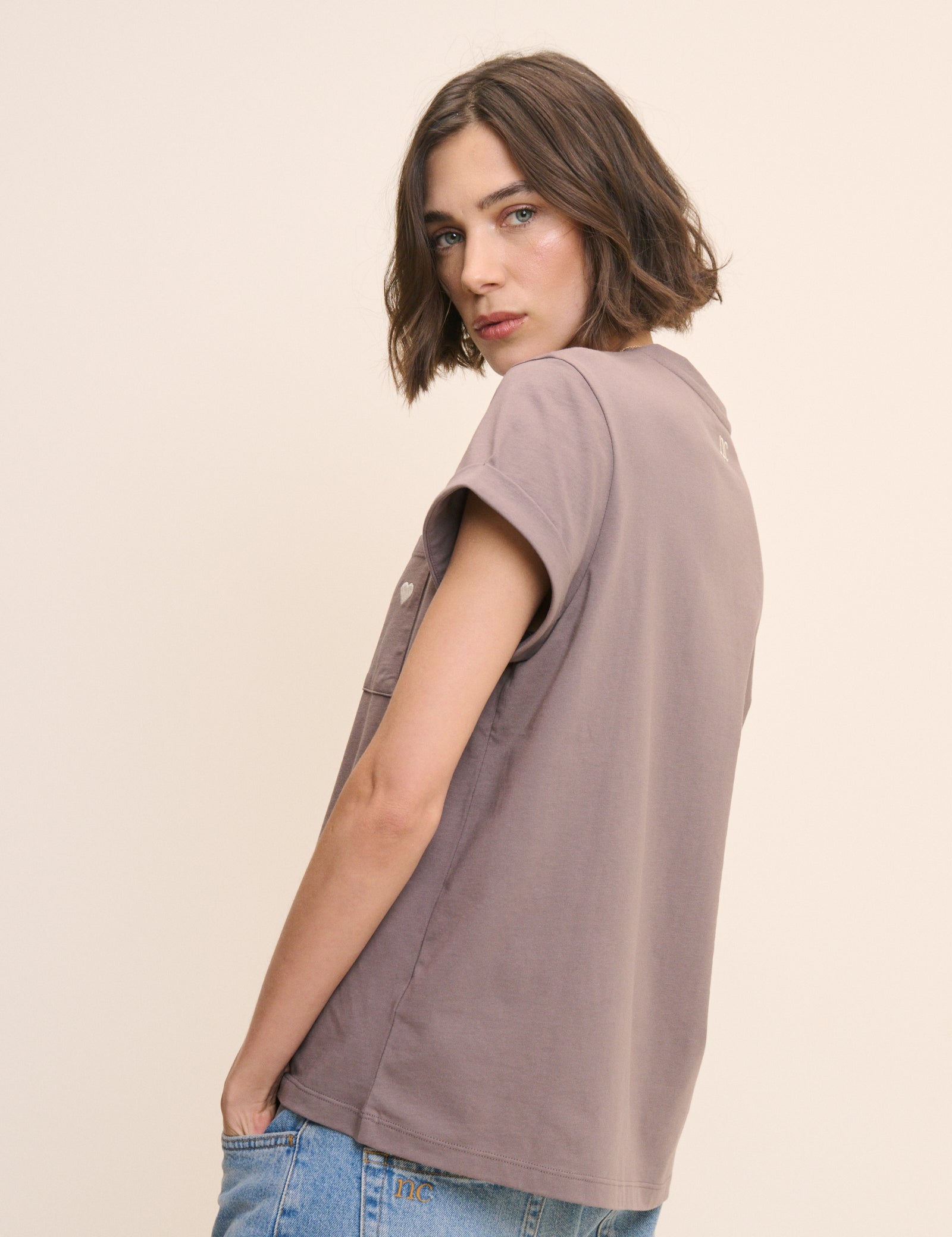 Brown Heart Embroidered T-Shirt