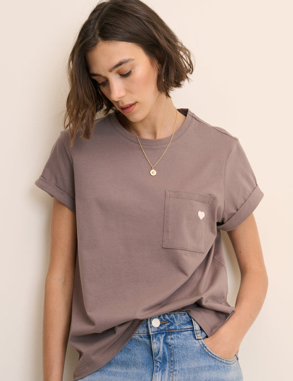 Brown Heart Embroidered T-Shirt