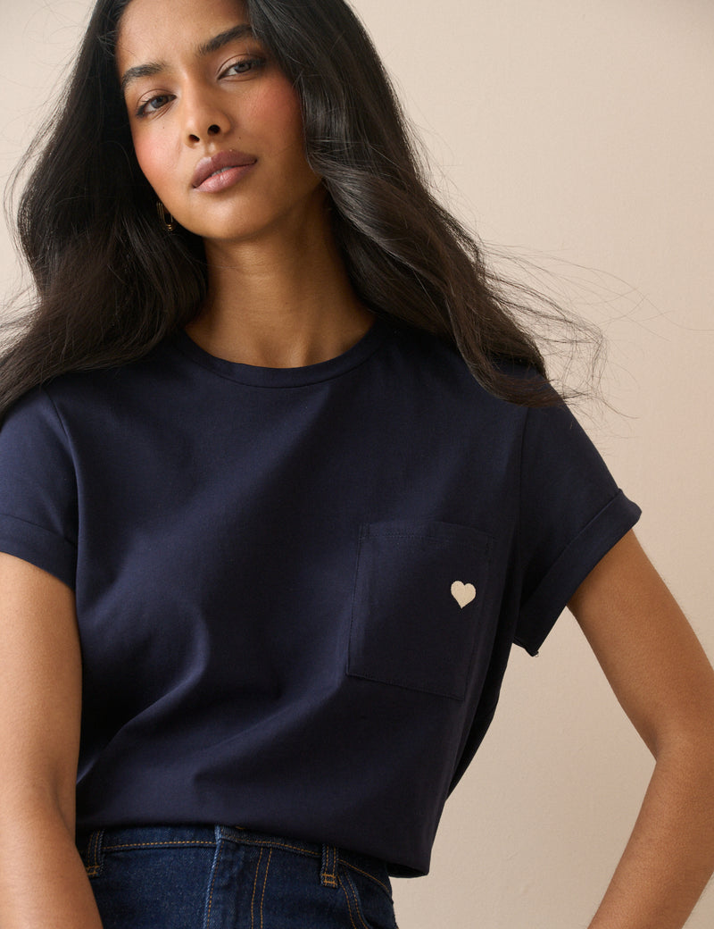 Navy Heart Embroidered T-Shirt