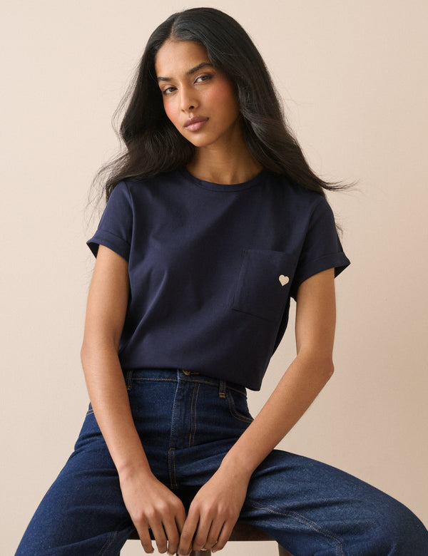 Navy Heart Embroidered T-Shirt