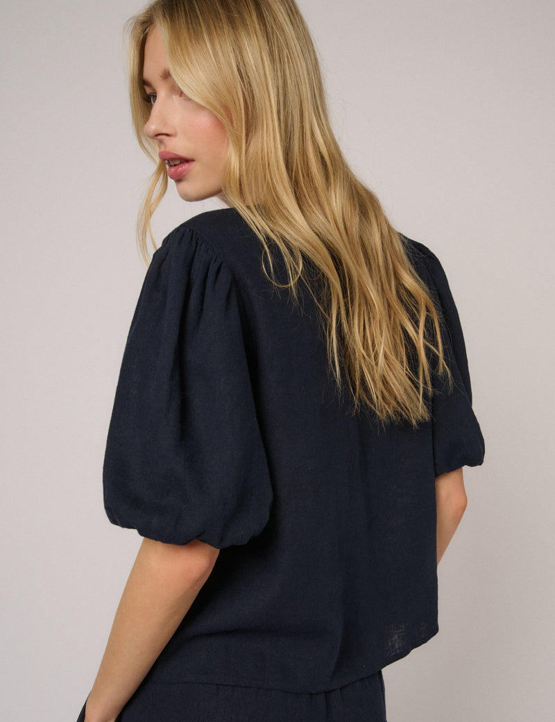 Navy Linen-Blend Puff Sleeve Top