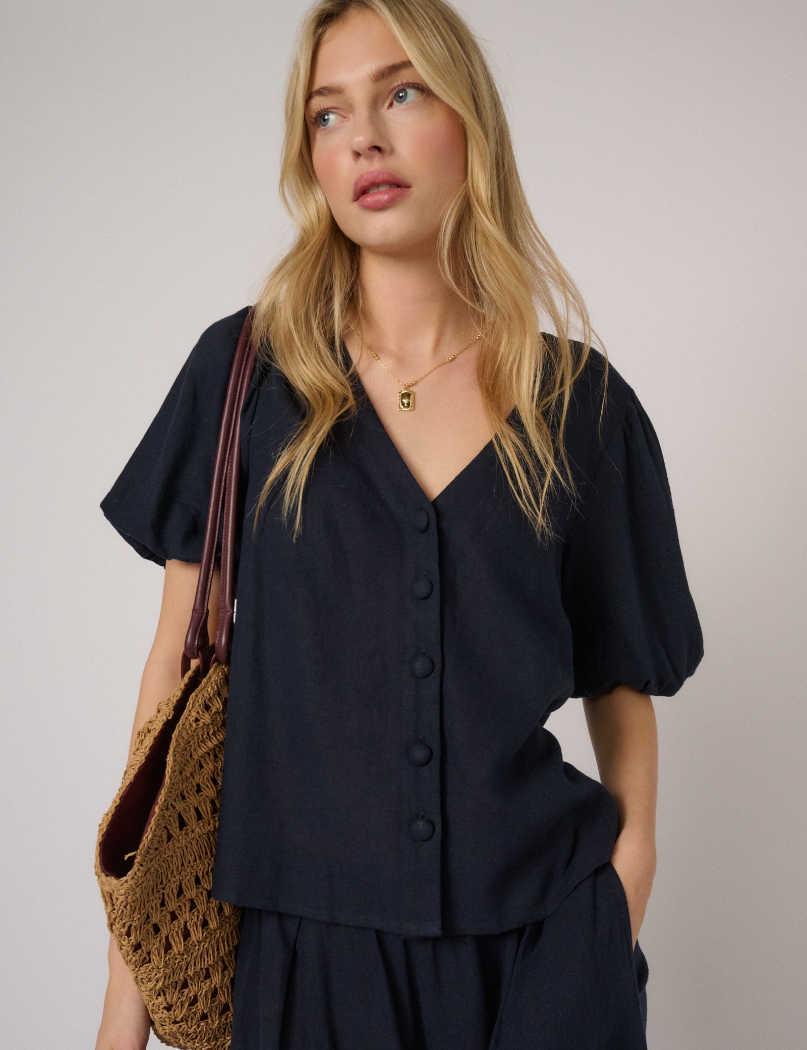 Navy Puff Sleeve Top