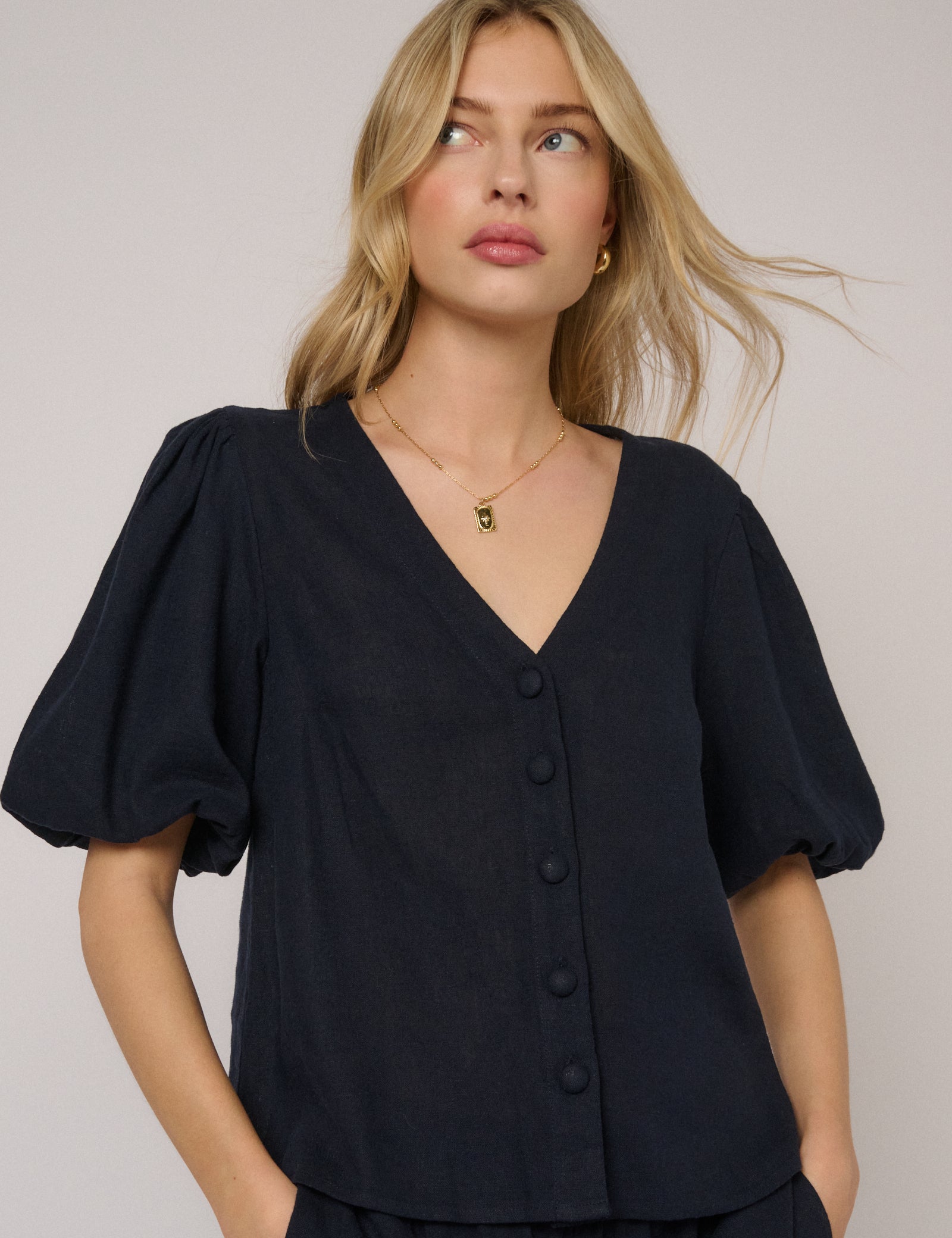 Navy Puff Sleeve Top