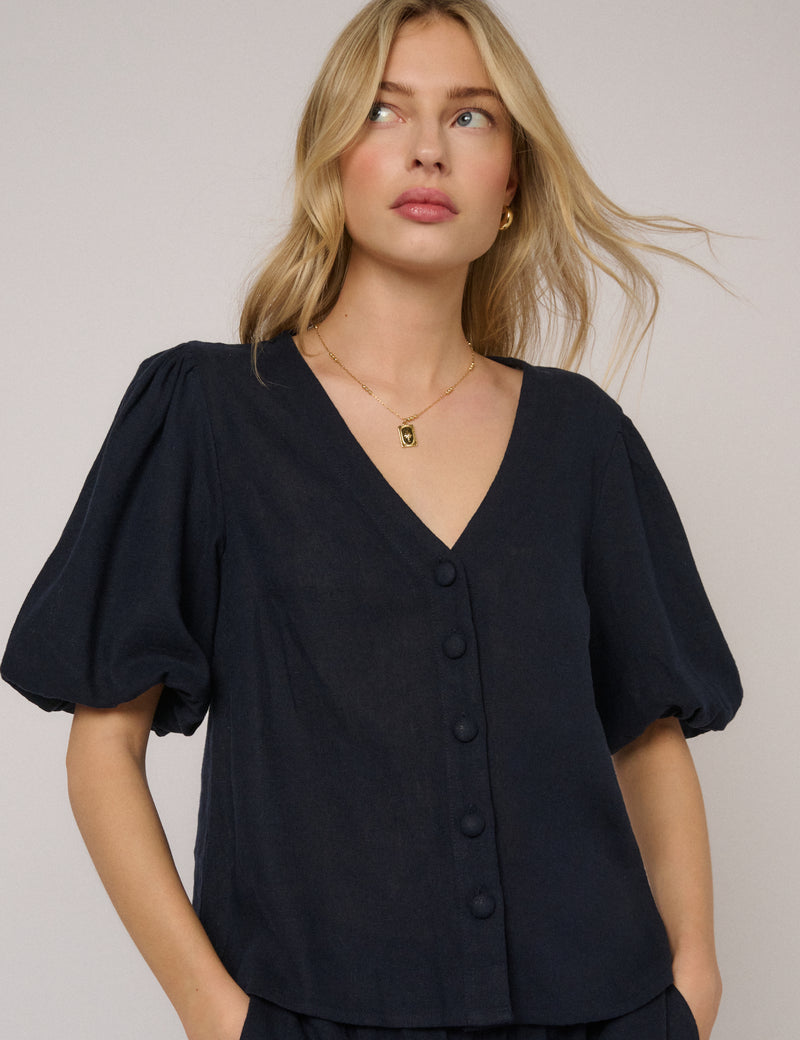 Navy Linen-Blend Puff Sleeve Top