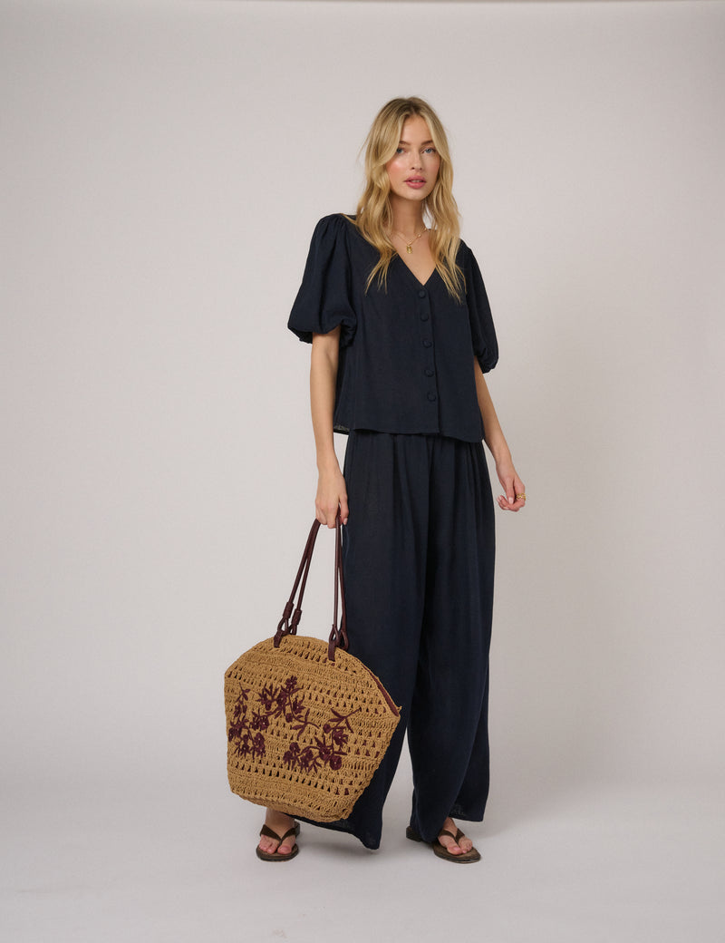 Beige Raffia Embroidered Basket Bag