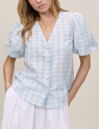 Blue Gingham Puff Sleeve Brooke Top