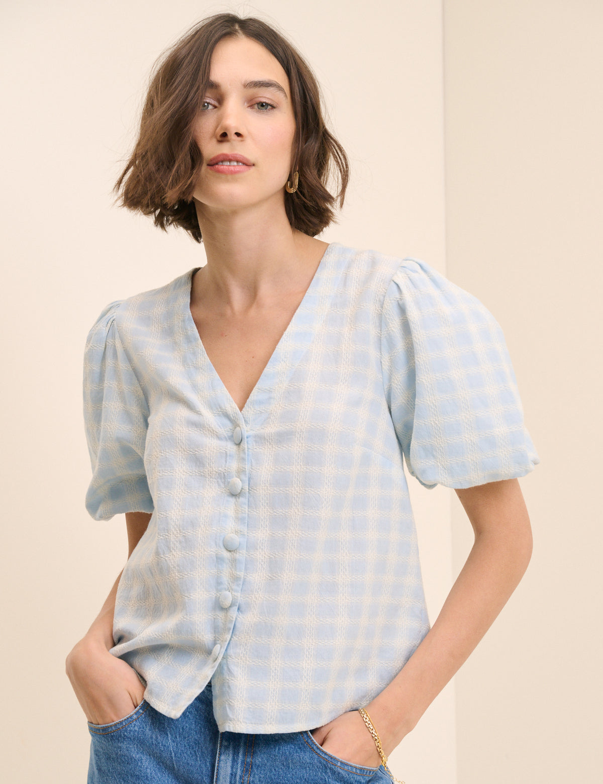 Blue Gingham Puff Sleeve Top