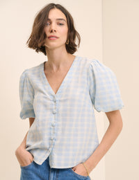 Blue Gingham Puff Sleeve Brooke Top