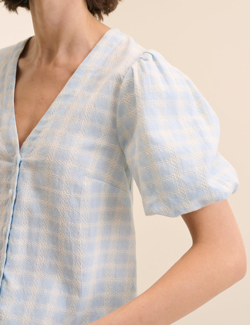Blue Gingham Puff Sleeve Top