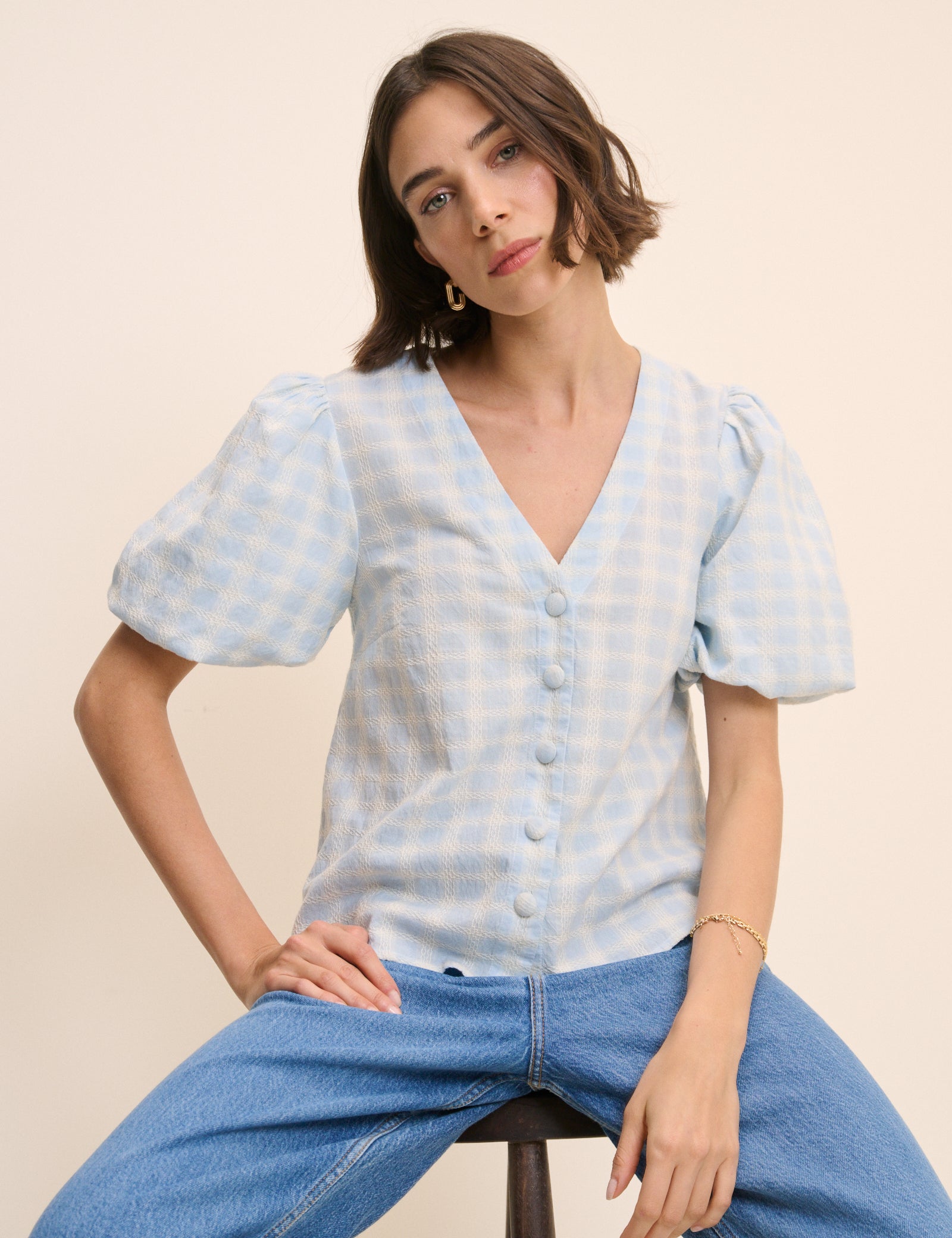 Blue Gingham Puff Sleeve Brooke Top