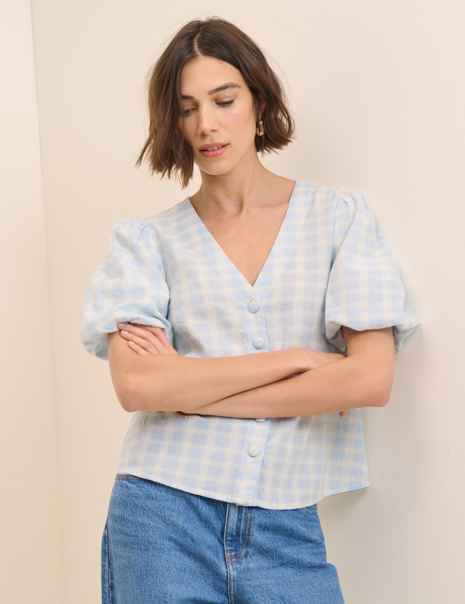 Blue Gingham Puff Sleeve Brooke Top