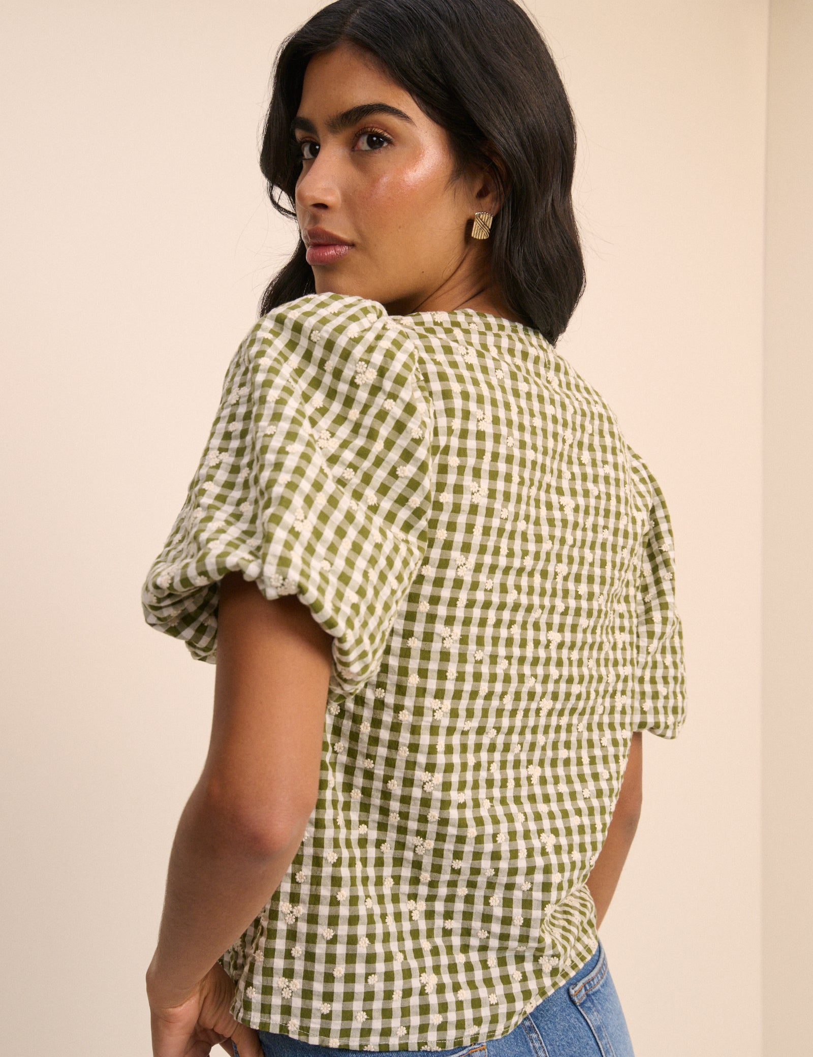 Green Gingham Embroidered Puff Sleeve Top