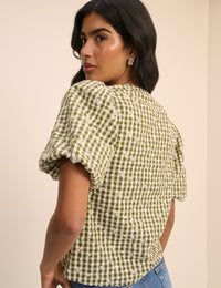 Green Gingham Embroidered Puff Sleeve Top