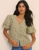 Green Gingham Embroidered Puff Sleeve Top