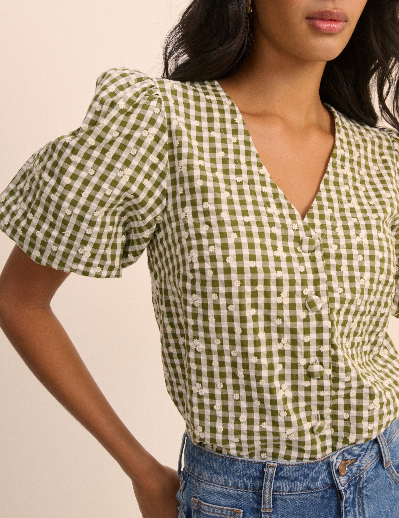 Green Gingham Embroidered Puff Sleeve Top