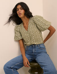 Green Gingham Embroidered Puff Sleeve Top
