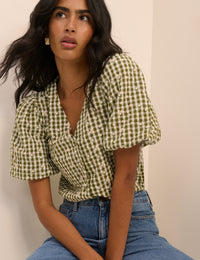 Green Gingham Embroidered Puff Sleeve Top