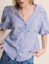 Blue Ditsy Floral Puff Sleeve Top