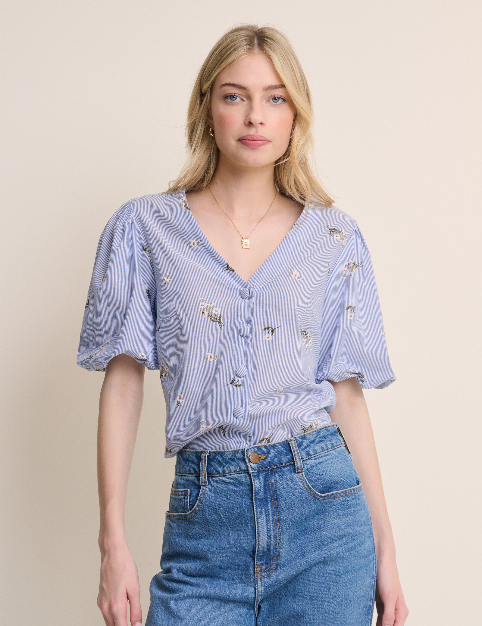 Blue Ditsy Floral Puff Sleeve Top