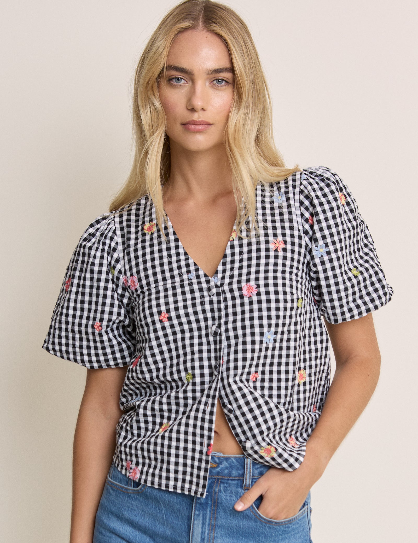 Black Gingham and Floral Puff Sleeve Top