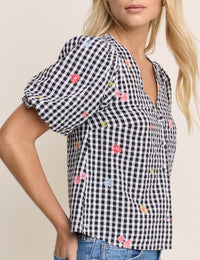 Black Gingham and Floral Puff Sleeve Top