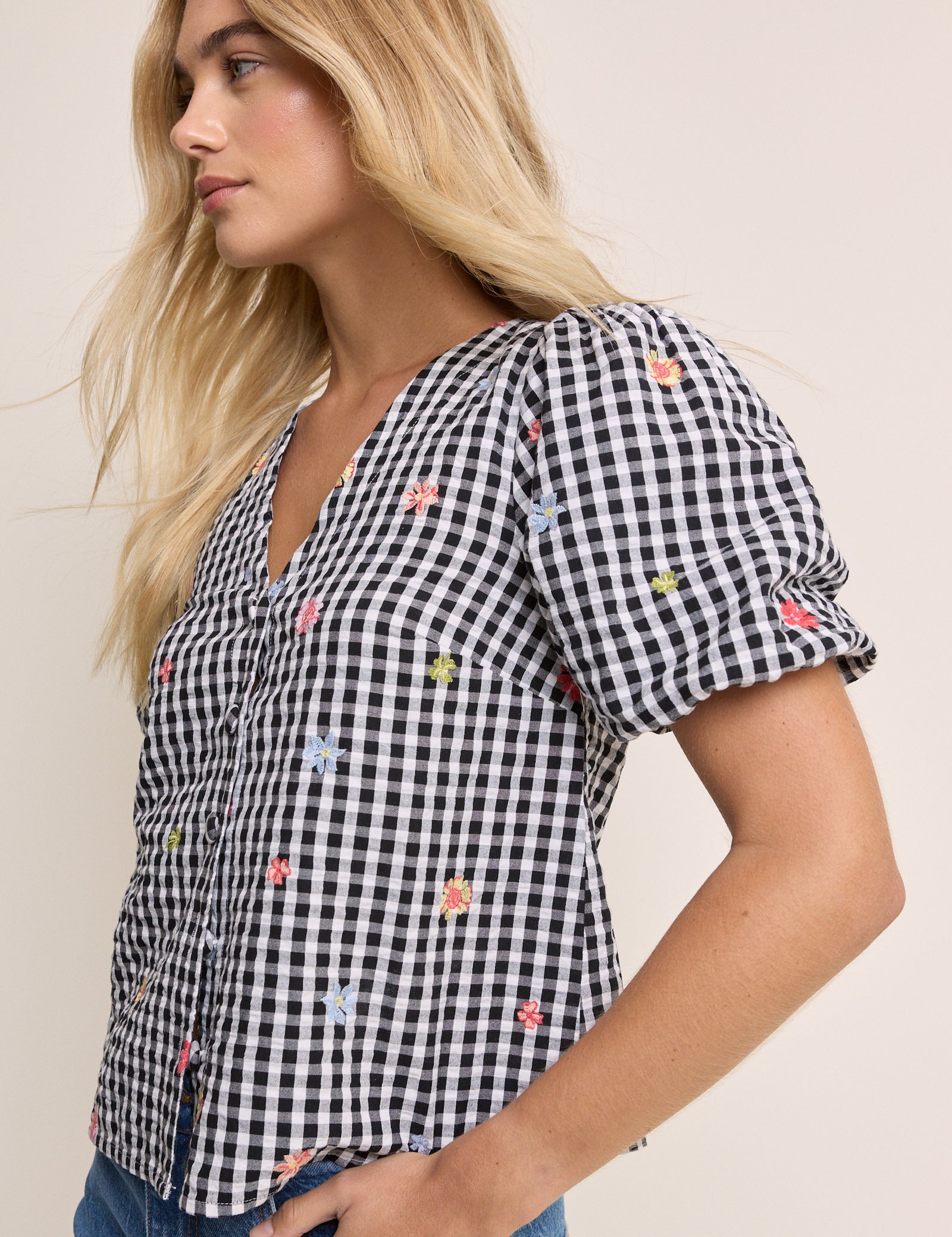 Black Gingham and Floral Puff Sleeve Top