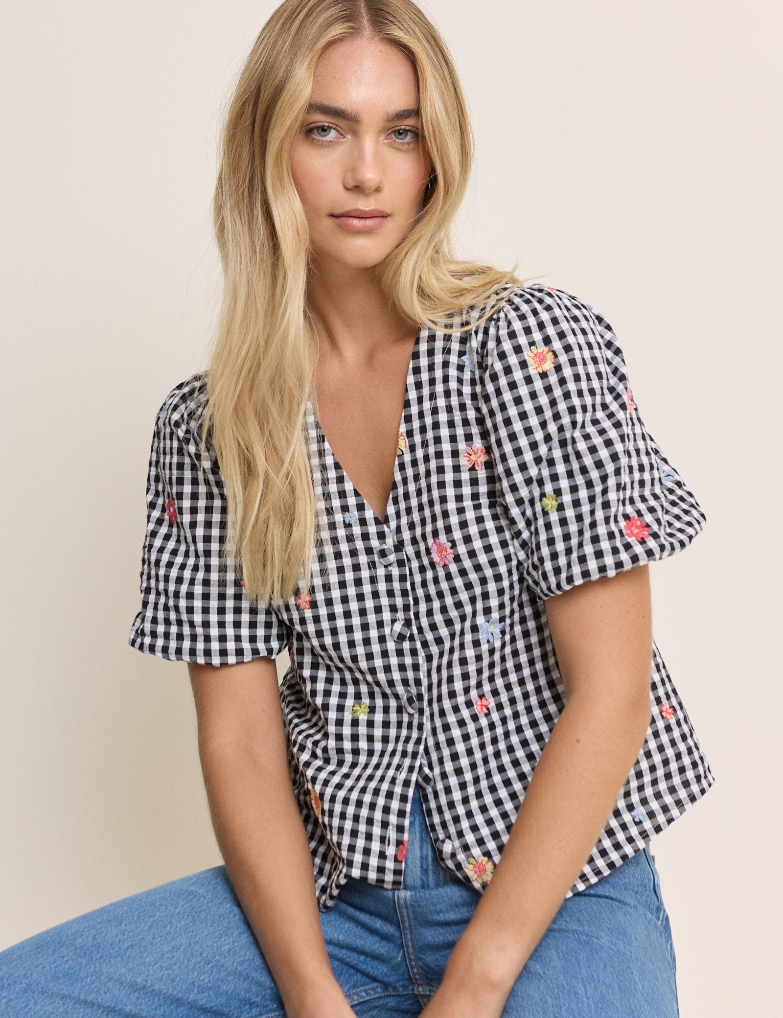 Black Gingham and Floral Puff Sleeve Top