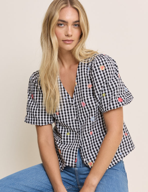 Black Gingham and Floral Puff Sleeve Top