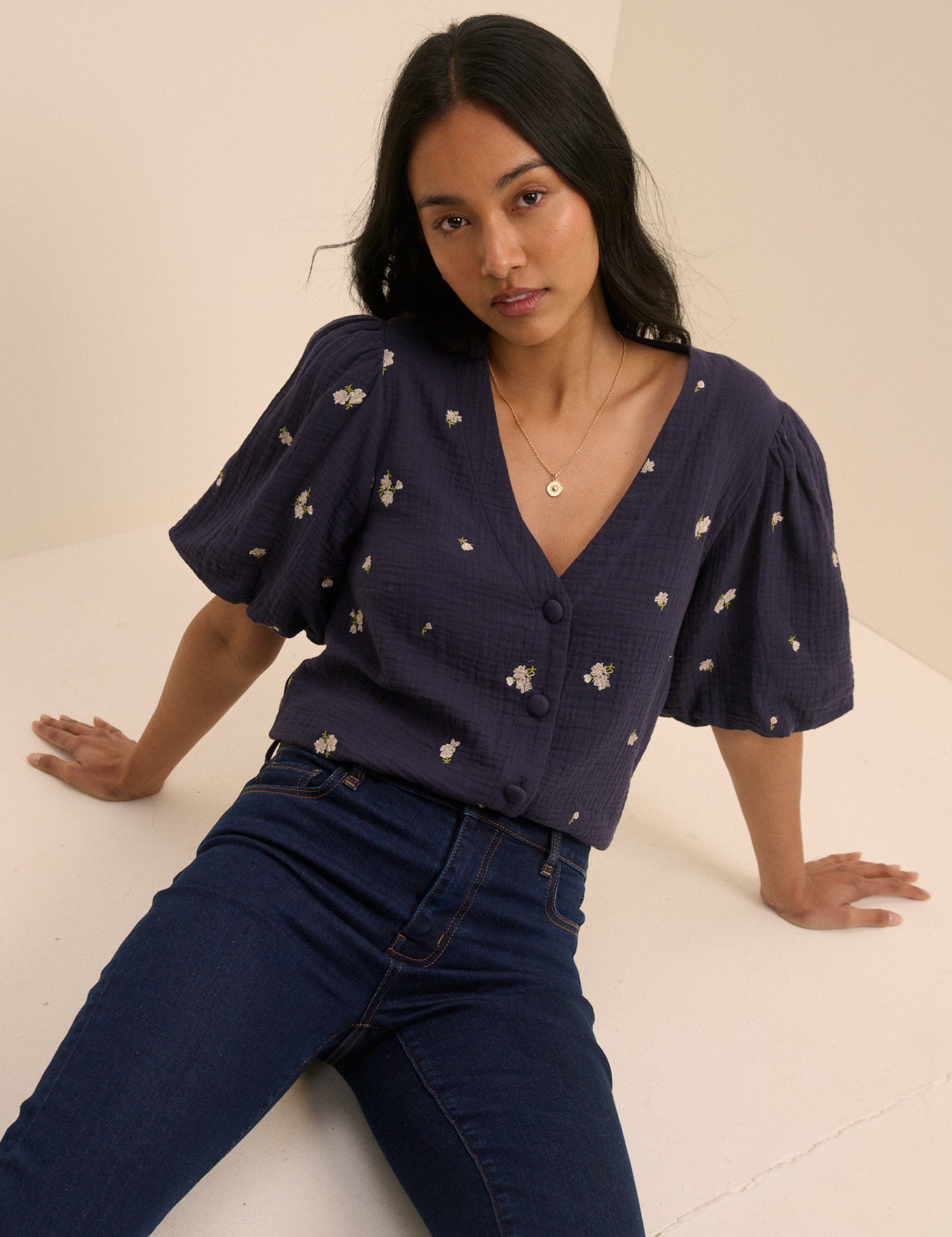 Navy Floral Embroidered Puff Sleeve Top