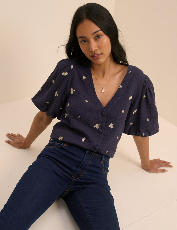 Navy Floral Embroidered Puff Sleeve Top