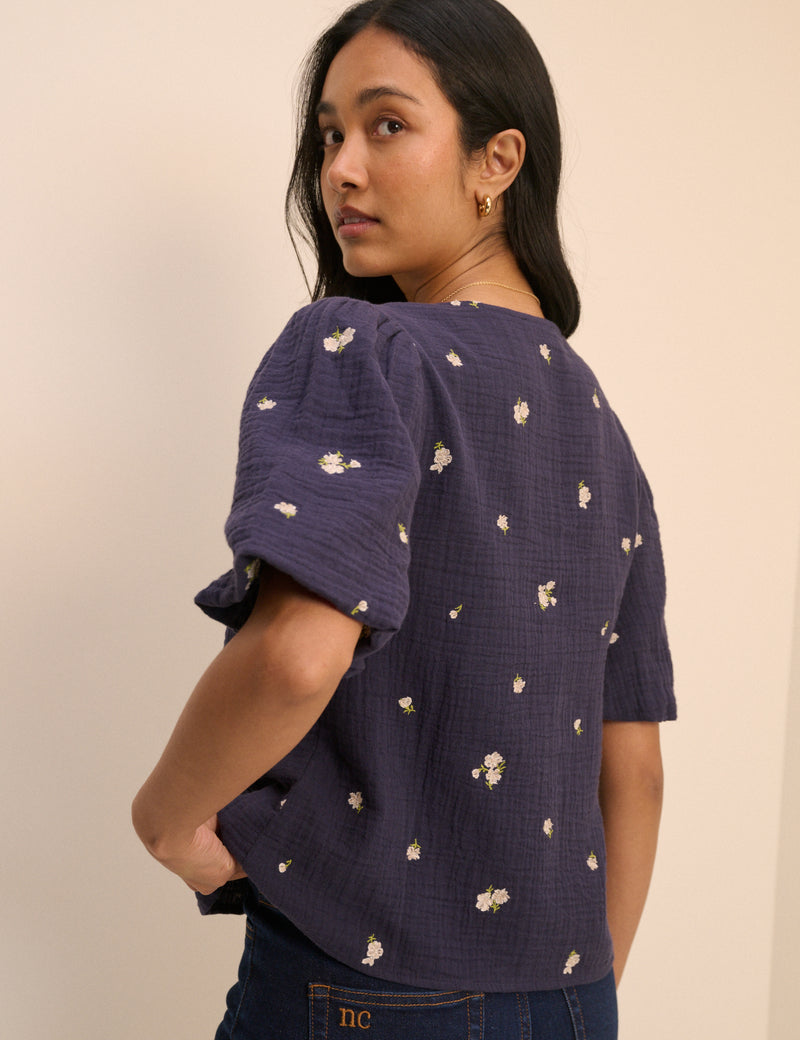 Navy Floral Embroidered Puff Sleeve Top