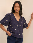 Navy Floral Embroidered Puff Sleeve Top