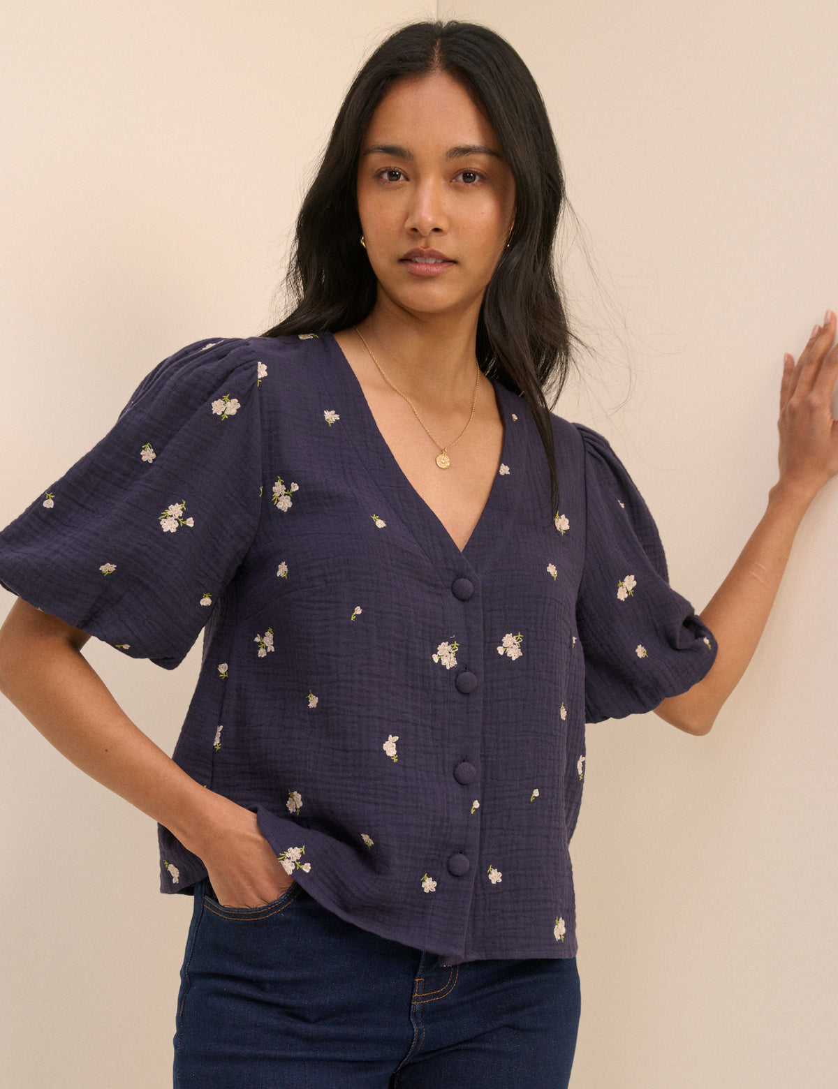 Navy Floral Embroidered Puff Sleeve Top