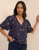Navy Floral Embroidered Puff Sleeve Top