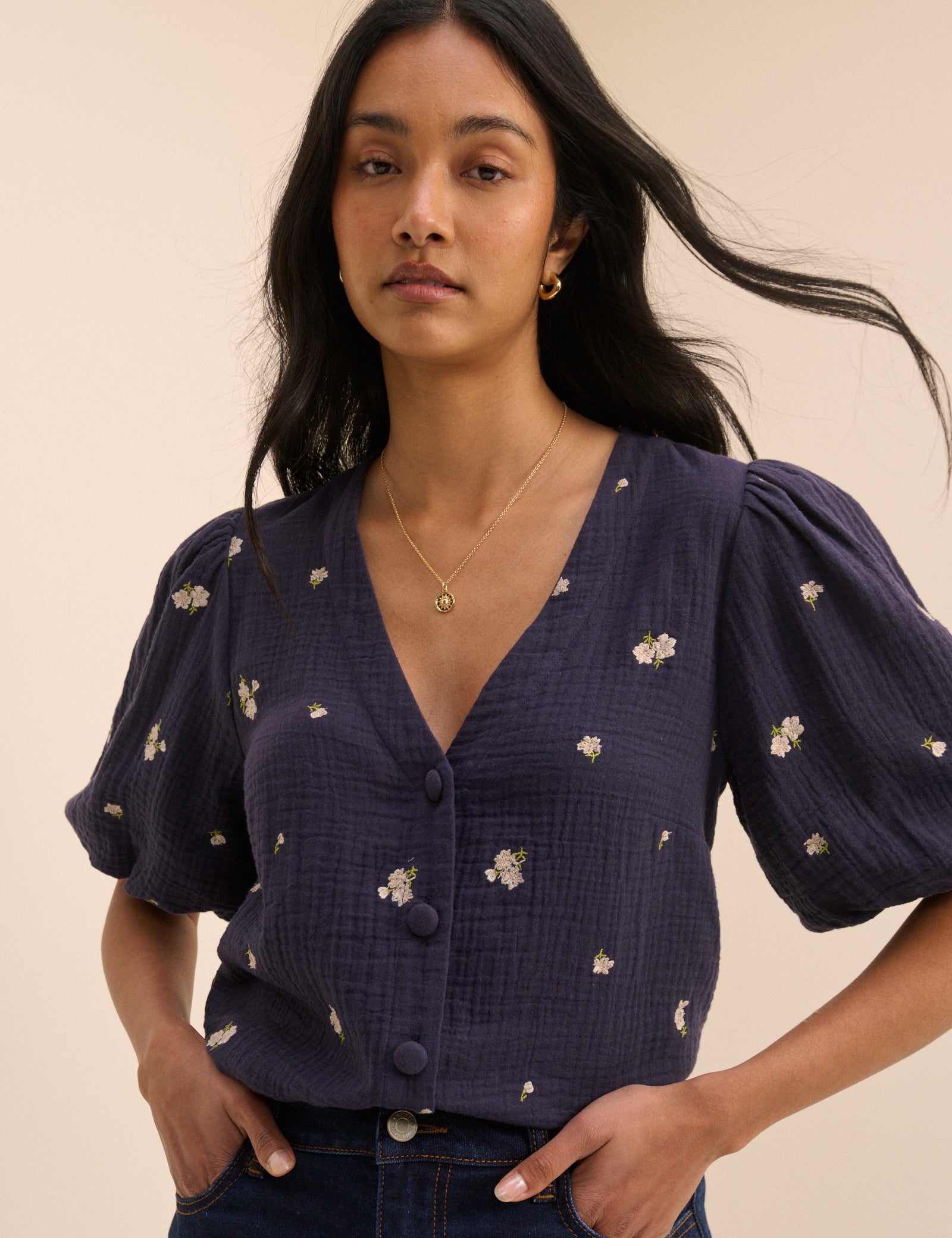 Navy Floral Embroidered Puff Sleeve Top