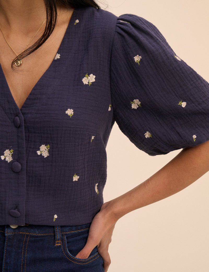 Navy Floral Embroidered Puff Sleeve Top