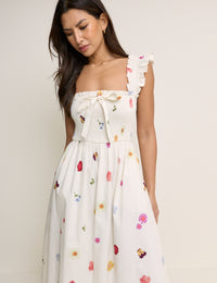 White Floral Shirred Christina Midi Dress