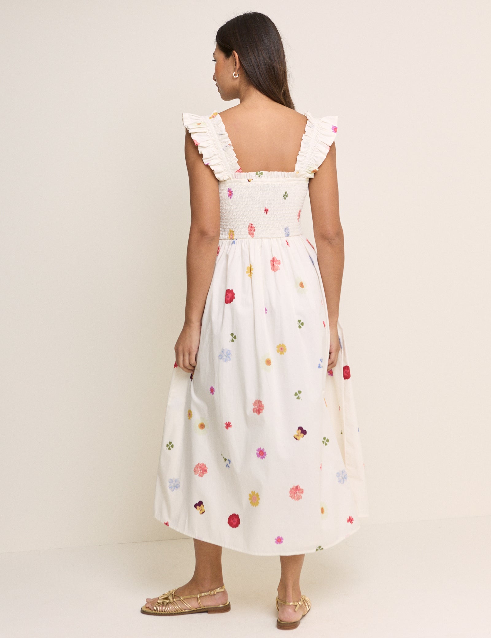 White Floral Shirred Christina Midi Dress