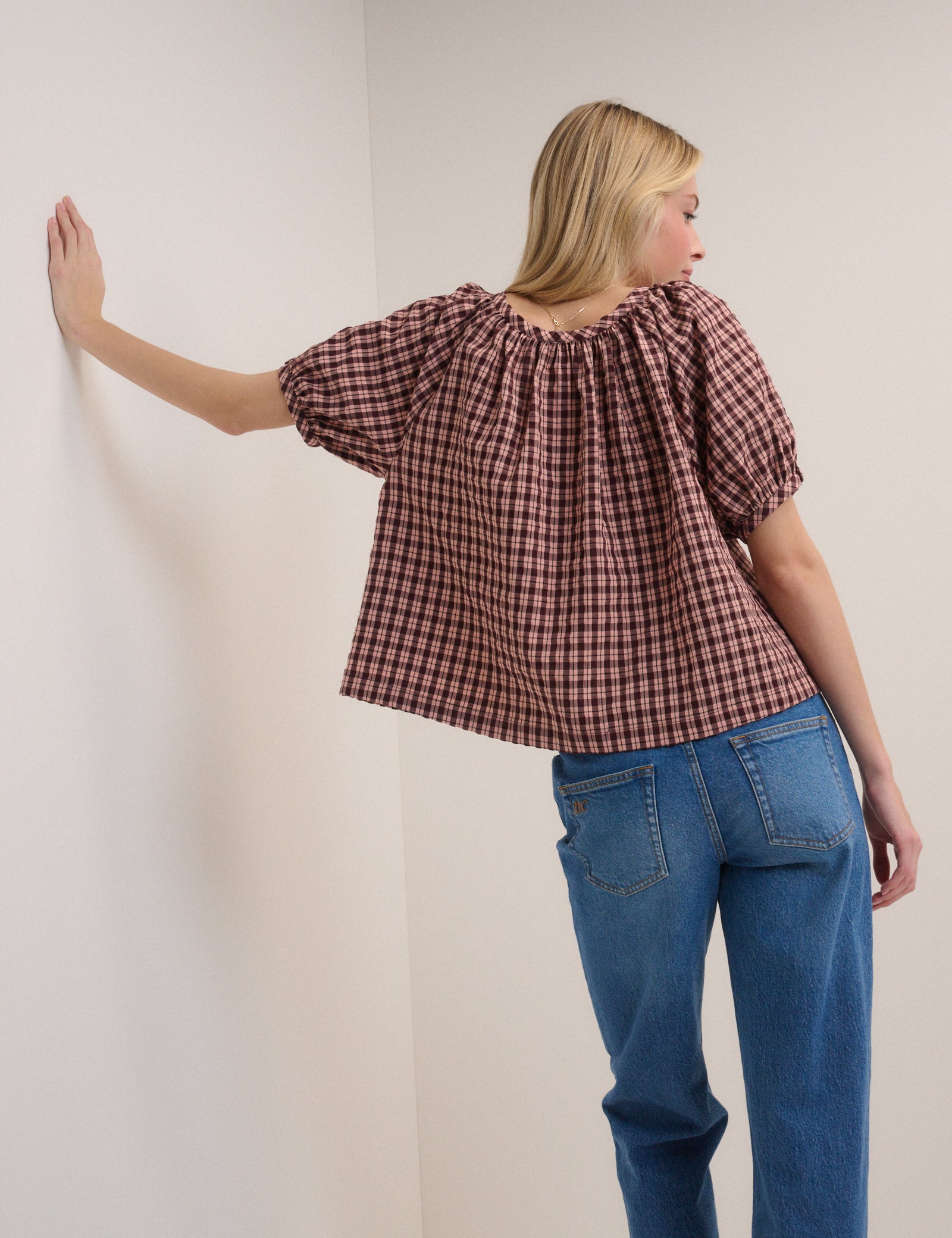 Pink Check Puff Sleeve Button Front Top