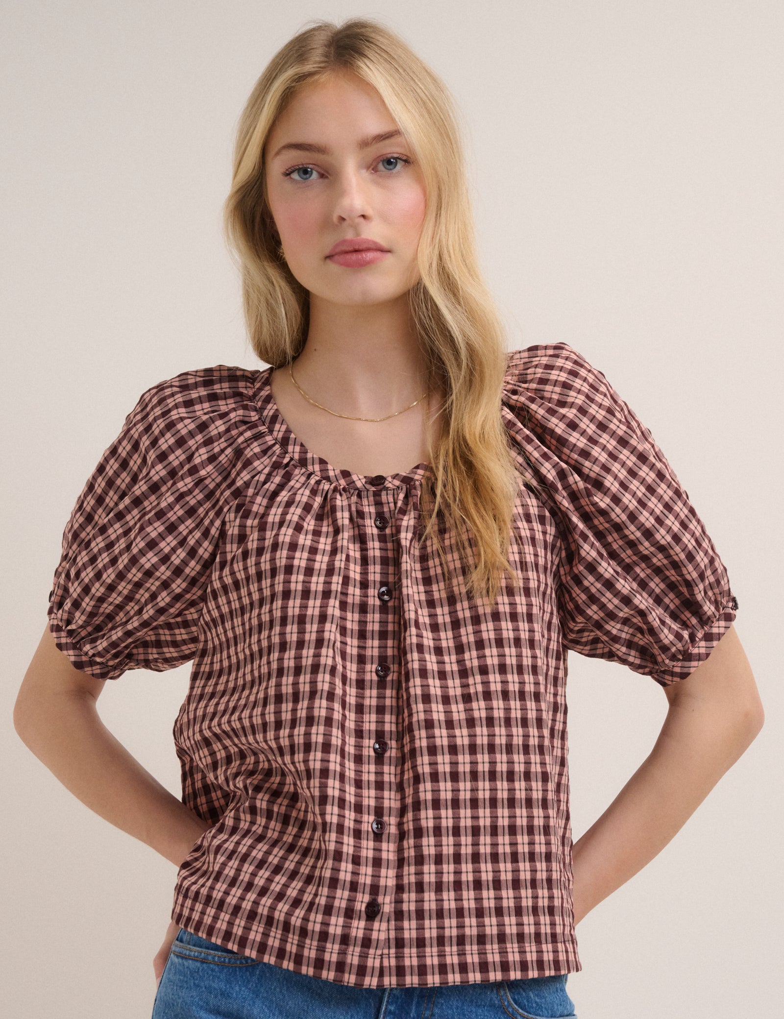 Pink Check Puff Sleeve Button Front Top