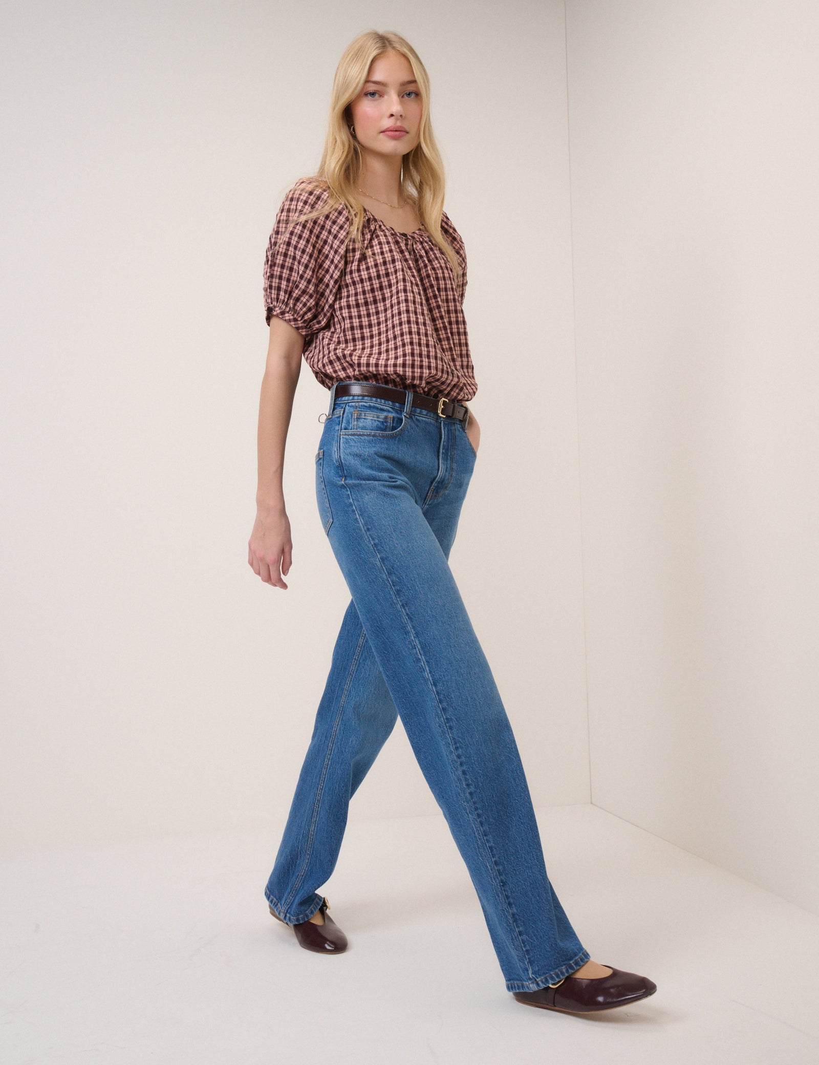 Pink Check Puff Sleeve Button Front Top