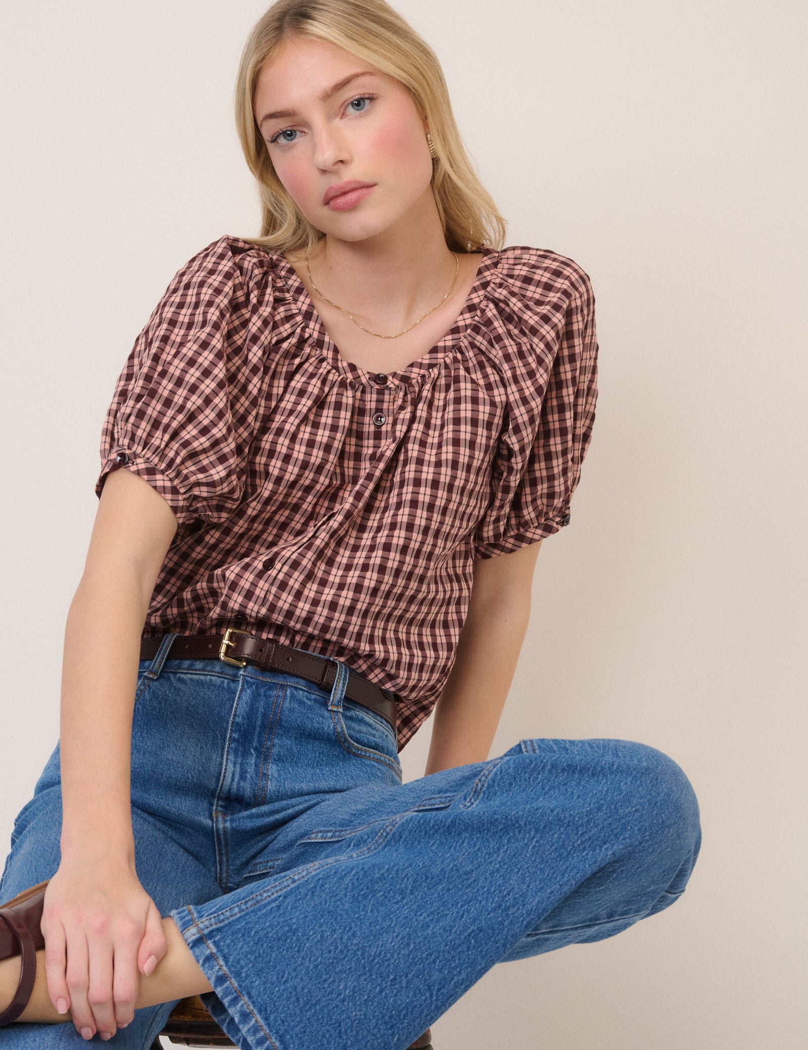 Pink Check Puff Sleeve Button Front Top