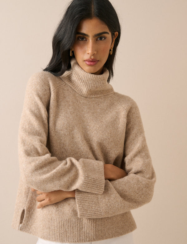 Oatmeal Marl Roll-Neck Oversized Jumper