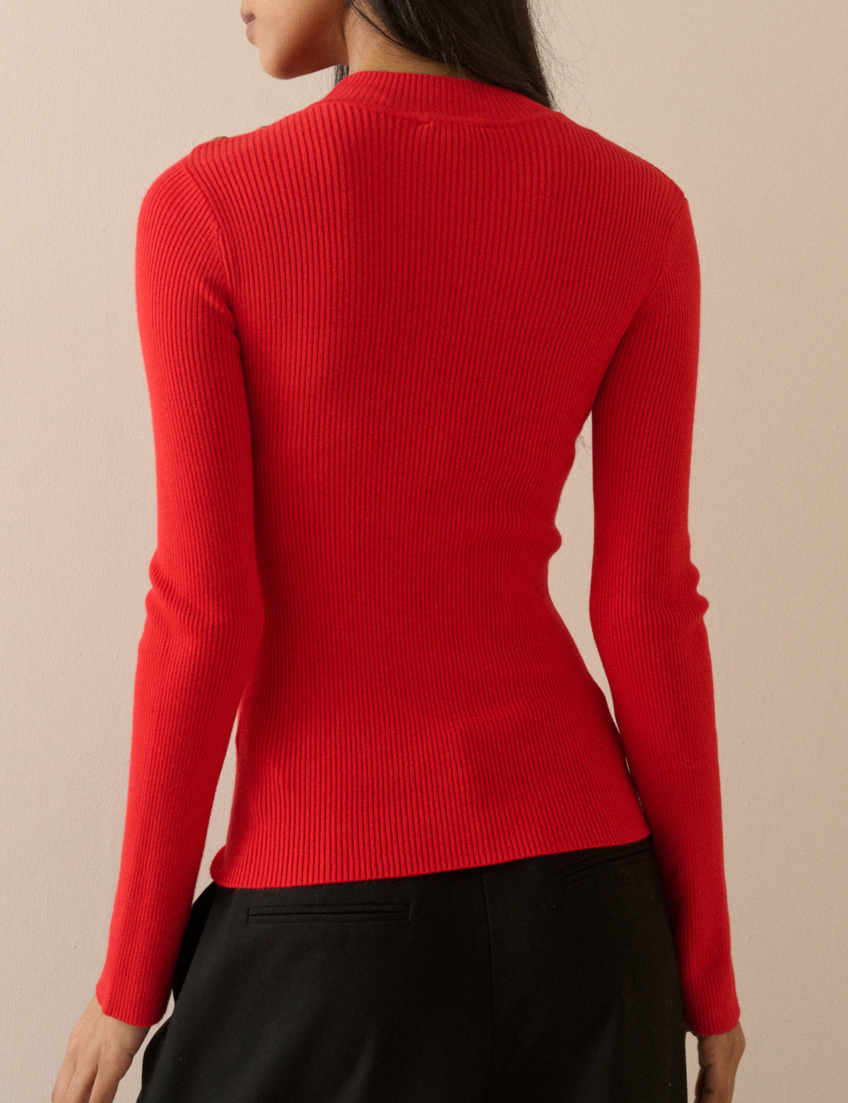 Red Ribbed Button Detail Top