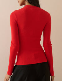 Red Ribbed Button Detail Top