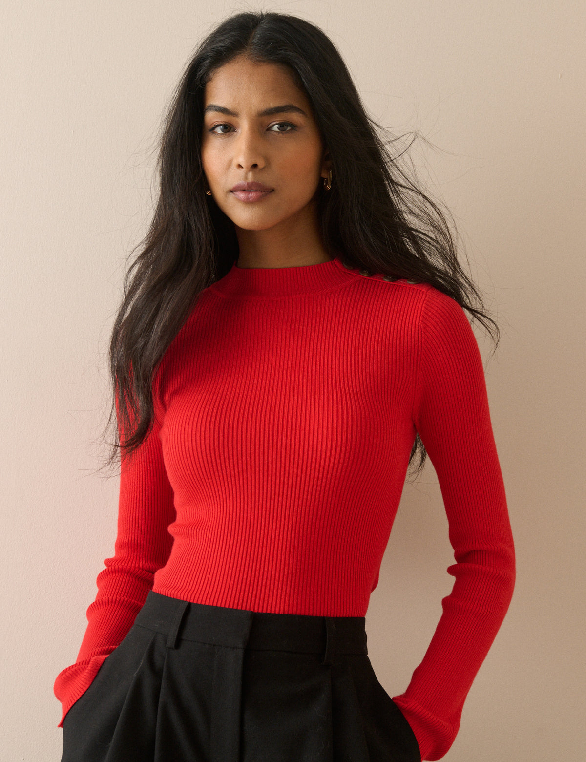 Red Ribbed Button Detail Top